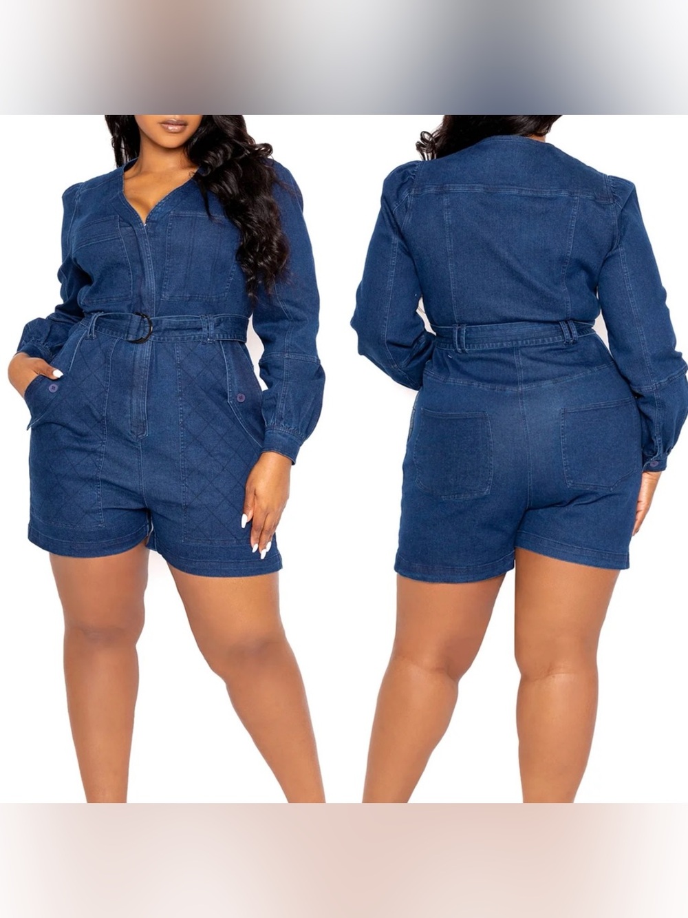 Buxom Curvy Denim Utility Romper With Belt Size 3X - Picture 2 of 15